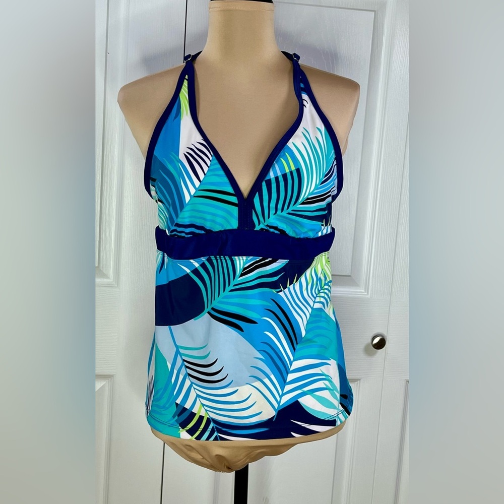 Blue and Green Leaf Print Women's Swim Top